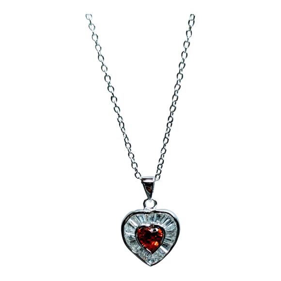 Silver Tone Red Heart Pendant Necklace with Baguette CZ Stones & Red Rhinestone - Picture 4 of 5